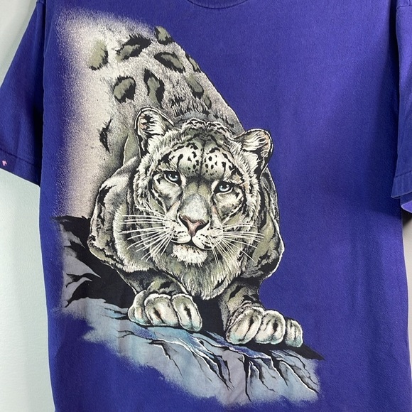 VINTAGE 90s Men’s Single Stitch Snow Leopard Graphic T-Shirt Indigo Blue Crew L - Picture 3 of 11